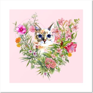 Floral Heart with Cat Posters and Art